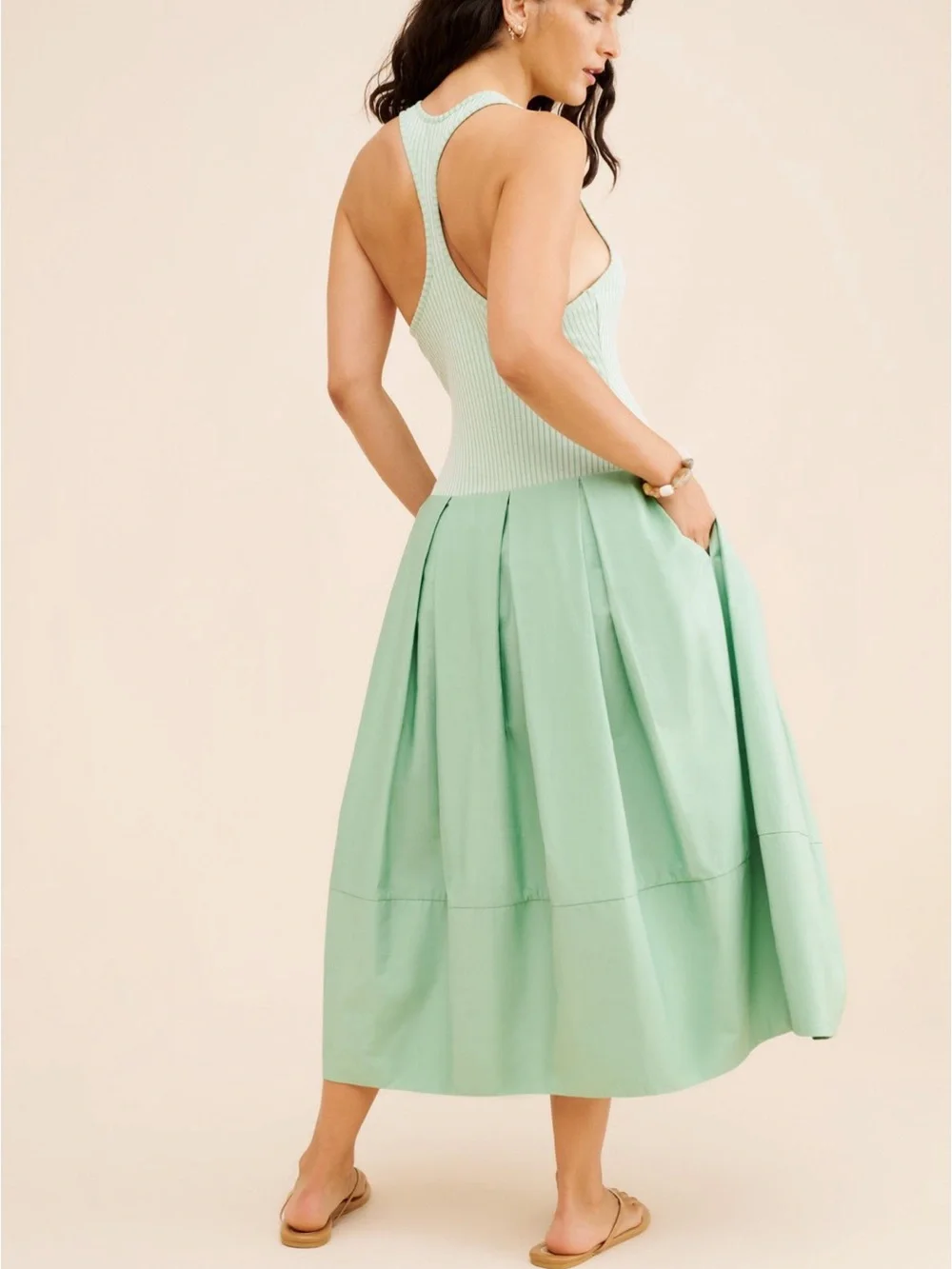 Mint Green Sleeveless Rib Bodice Midi Dress - Drops of Venus